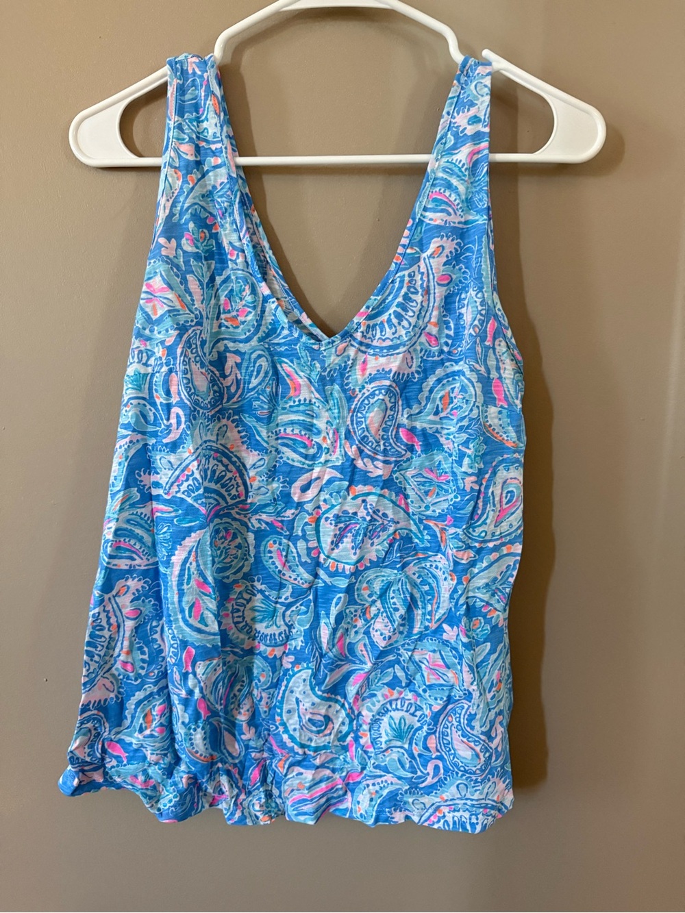 Lilly Pulitzer Blue Paisley V-Neck Tank with Pink Accents